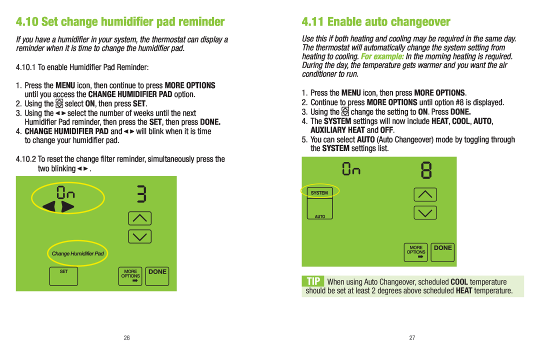 White Rodgers UP400 installation instructions Enable auto changeover, Set change humidiﬁer pad reminder 