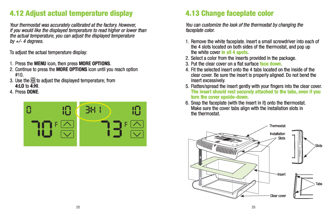 White Rodgers UP400 installation instructions Adjust actual temperature display, Change faceplate color 