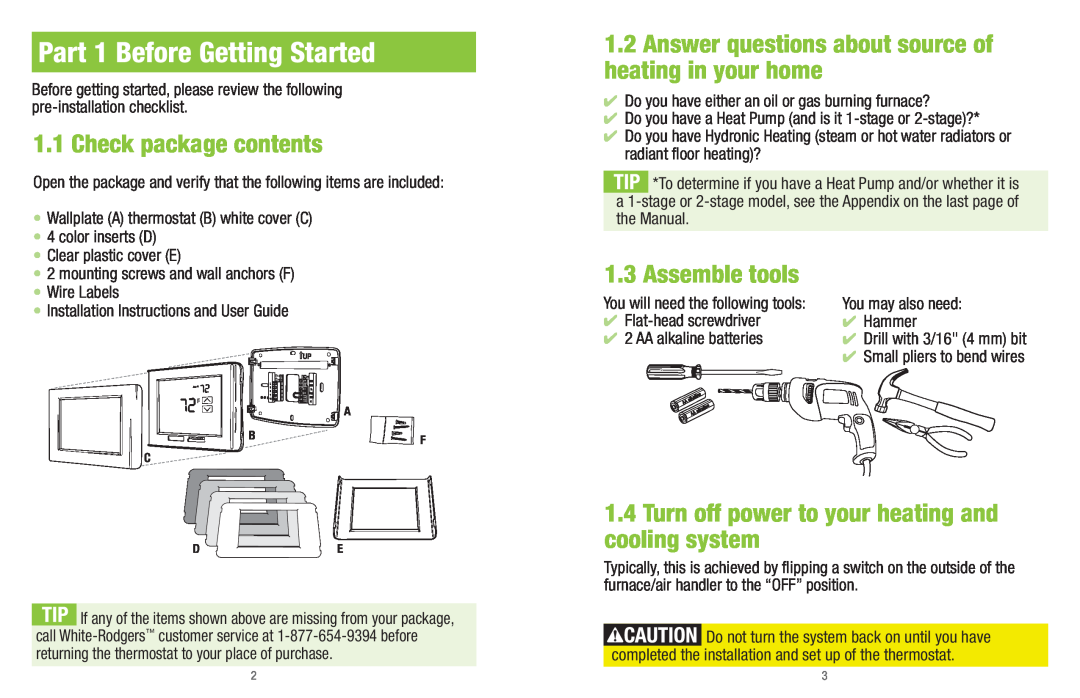 White Rodgers UP400 installation instructions Part 1 Before Getting Started, Check package contents, Assemble tools 