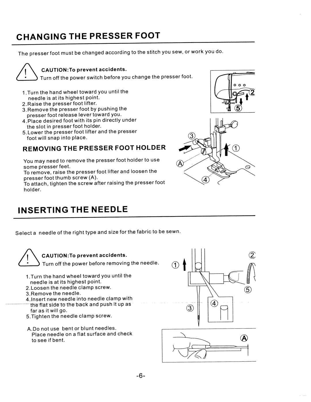 White W1750C manual Changing, Foot, Inserting, Needle 