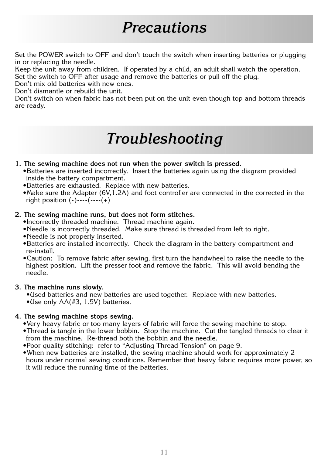 White W338 instruction manual Precautions, Troubleshooting 