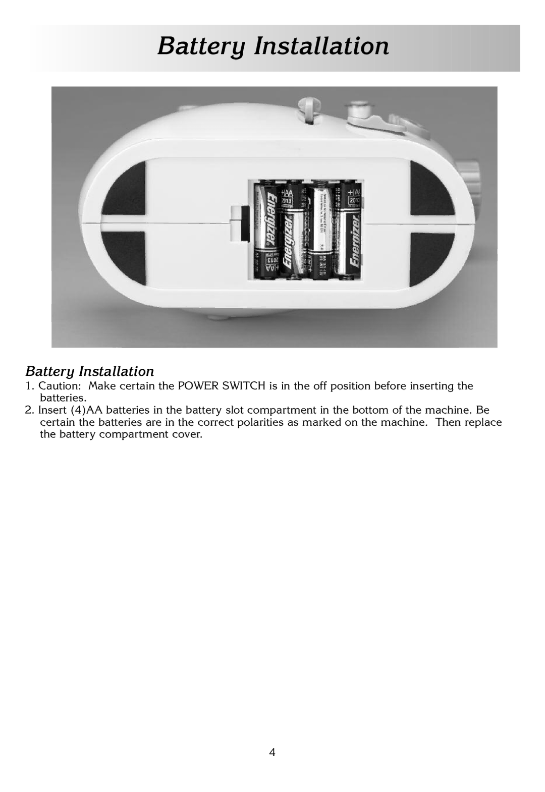 White W338 instruction manual Battery Installation 