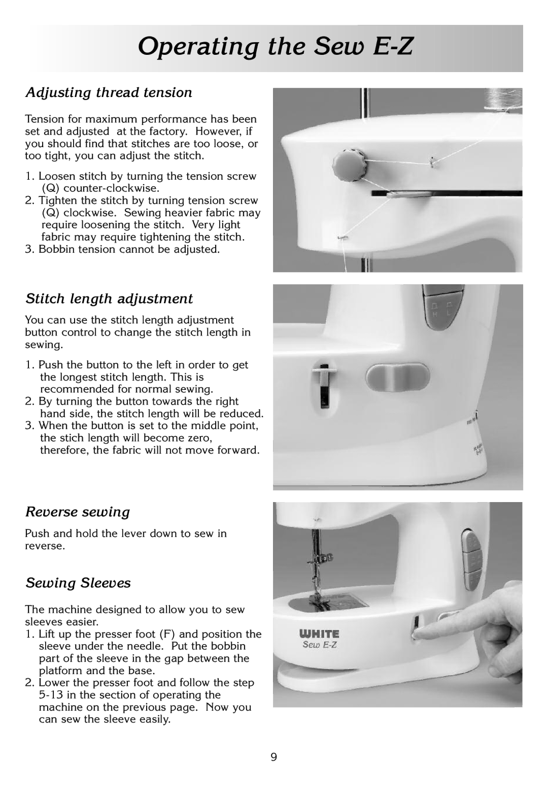 White W338 instruction manual Adjusting thread tension, Stitch length adjustment, Reverse sewing, Sewing Sleeves 