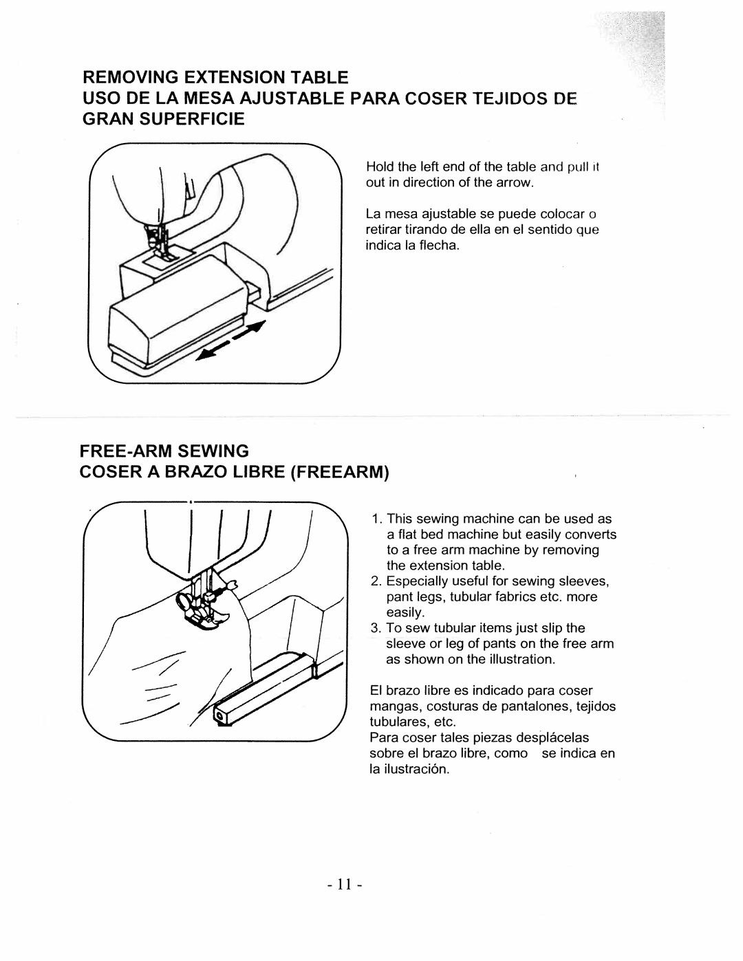 White W480 manual FREE-ARM Sewing Coser a Brazo Libre Freearm, Removing Extension Table 