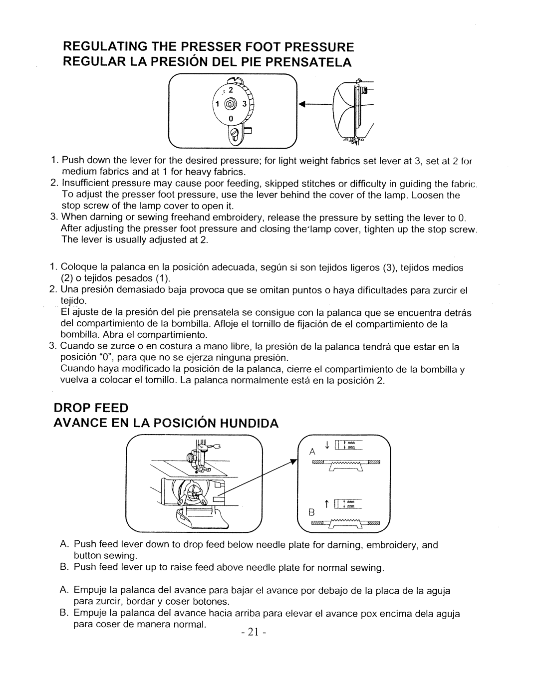White W480 manual Regulating the Presser Foot Pressure, Regular LA Presion DEL PIE Prensatela, Drop Feed 