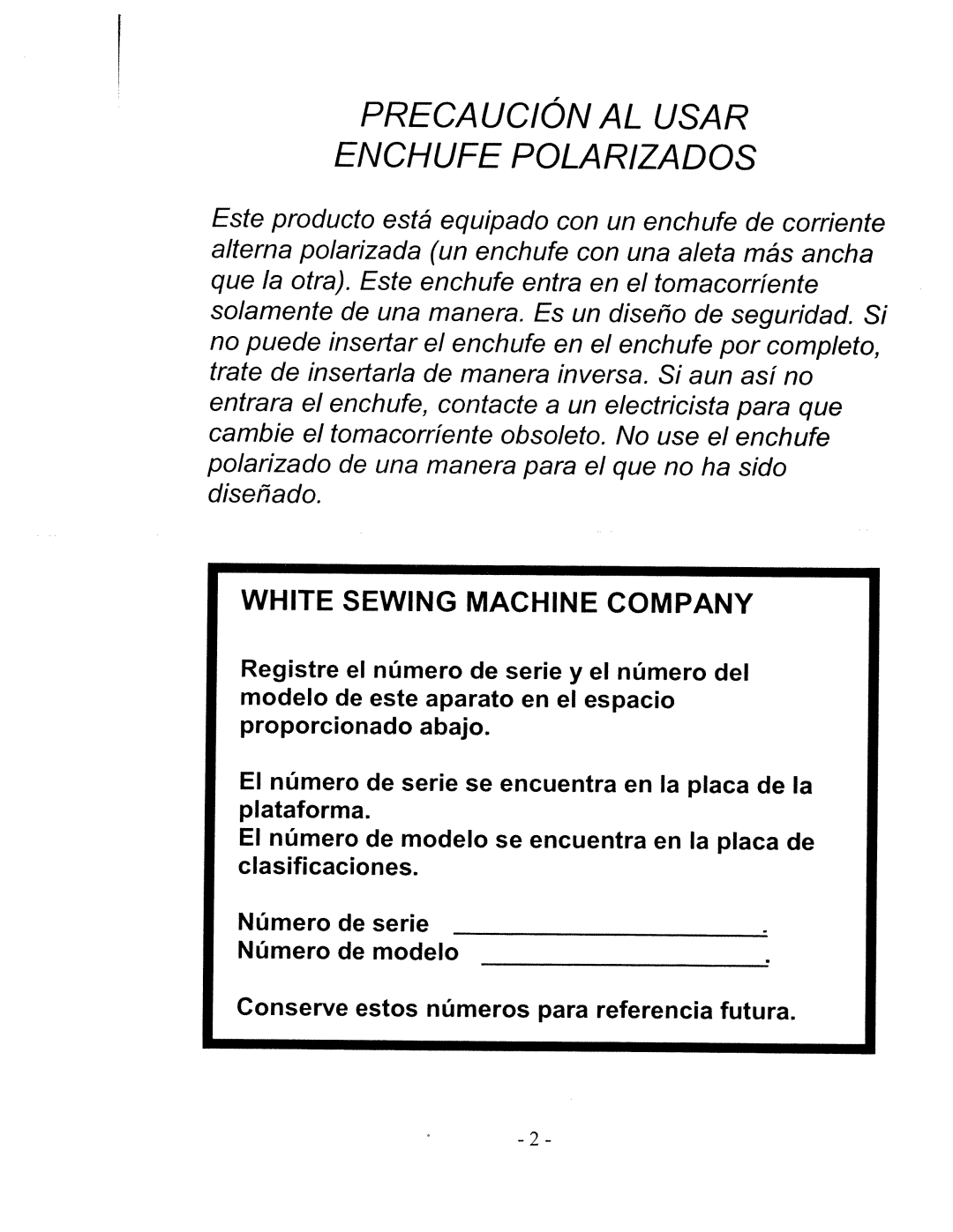 White W480 manual Precaucional 