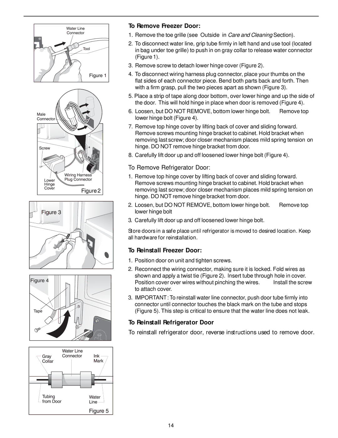 White-Westinghouse 218954301 manual To Remove Freezer Door, To Reinstall Freezer Door, To Reinstall Refrigerator Door 