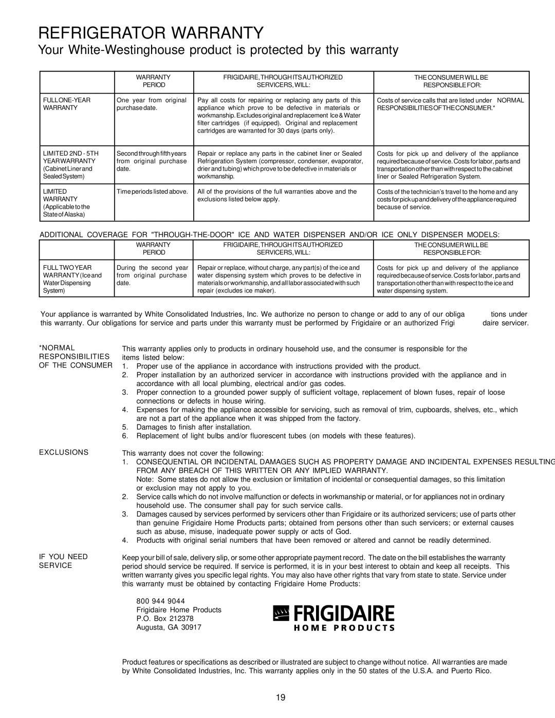 White-Westinghouse 218954301 manual Normal Responsibilities of the Consumer, Exclusions If YOU Need Service 