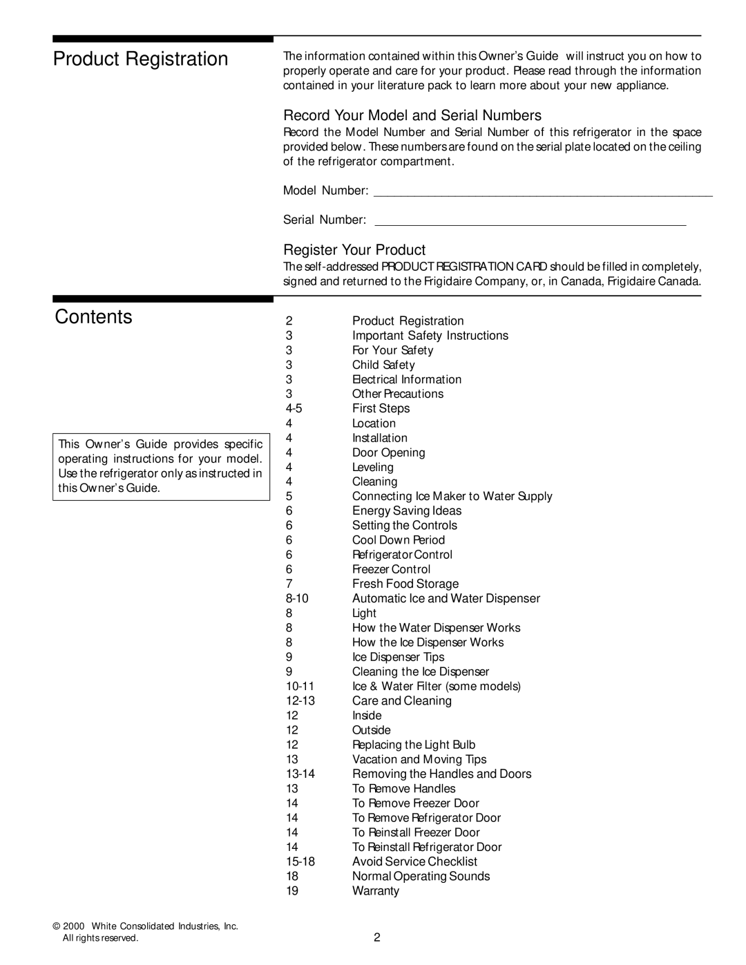 White-Westinghouse 218954301 manual Product Registration, Contents 