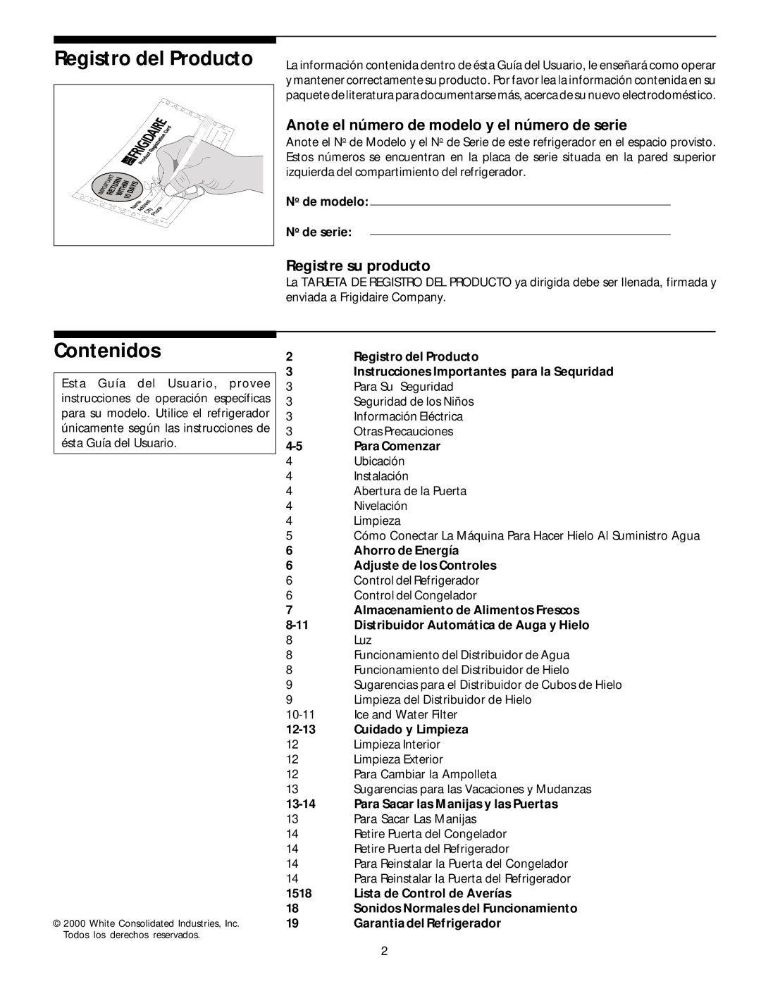 White-Westinghouse 218954301 manual Registro del Producto, Contenidos, Anote el número de modelo y el número de serie 