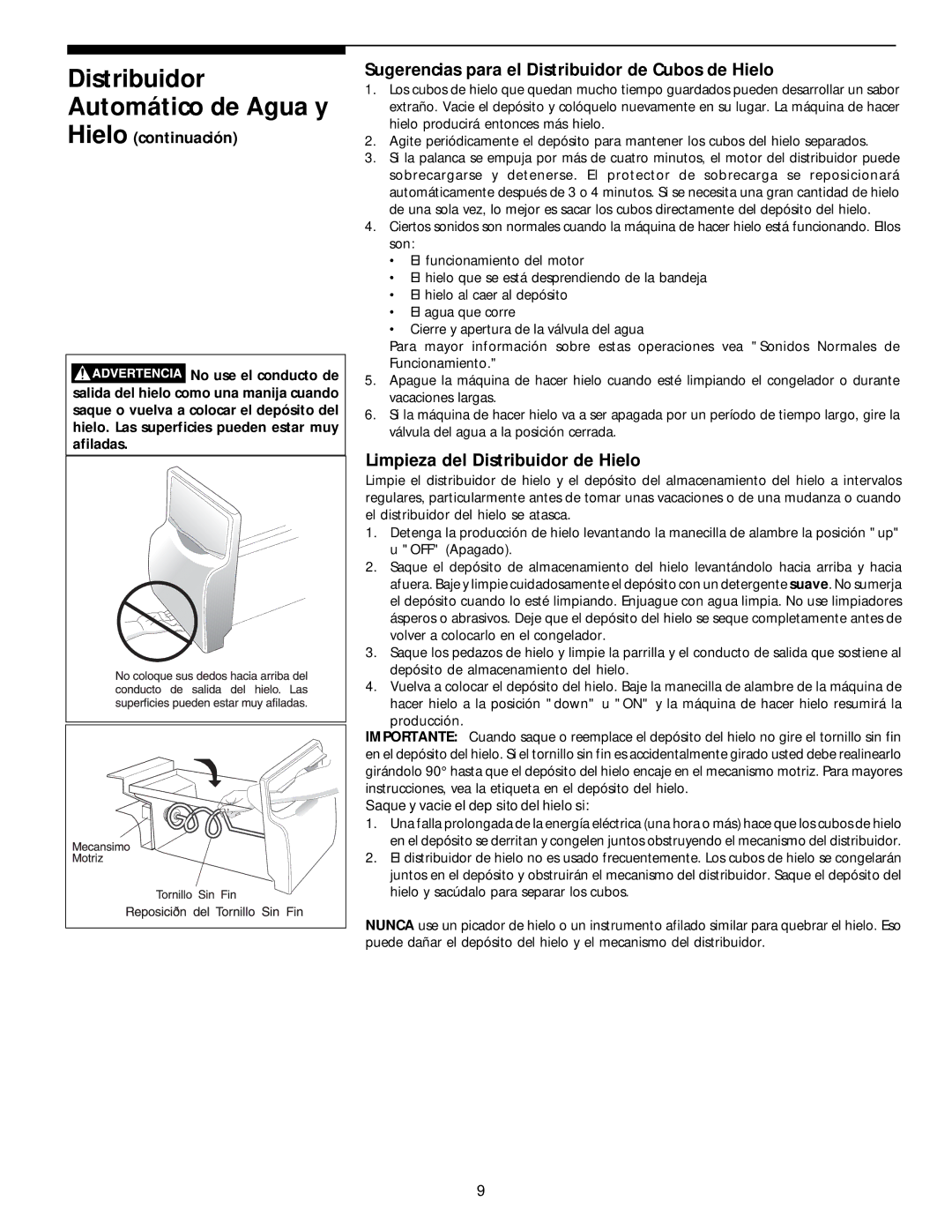 White-Westinghouse 218954301 manual Distribuidor Automático de Agua y, Sugerencias para el Distribuidor de Cubos de Hielo 