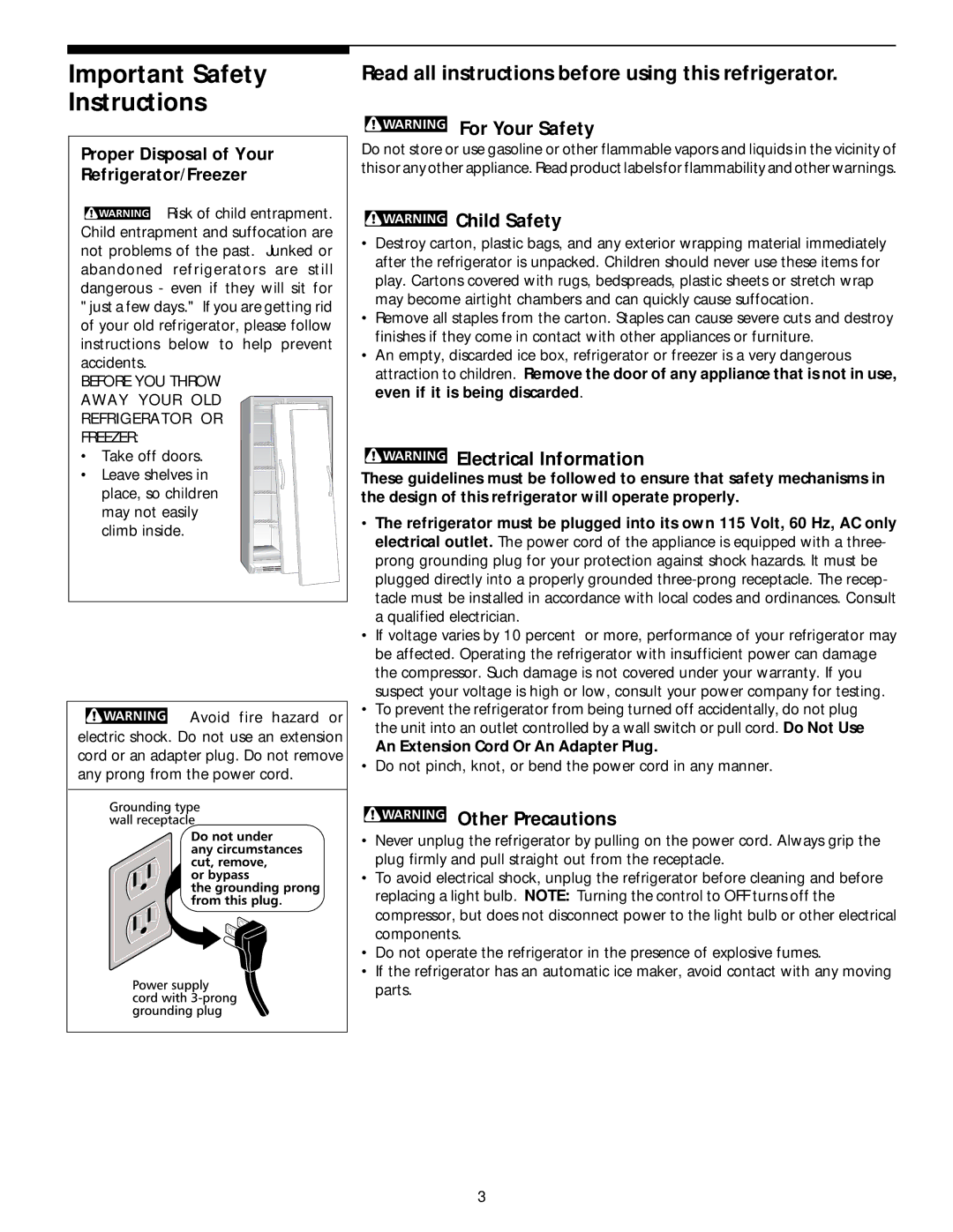 White-Westinghouse 218954301 manual Important Safety Instructions, For Your Safety, Child Safety, Electrical Information 