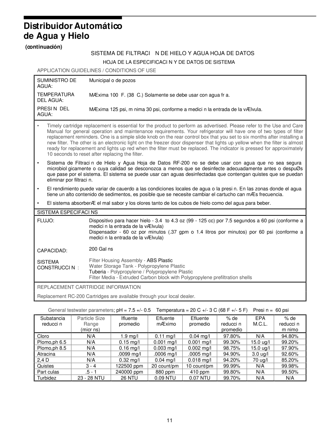 White-Westinghouse 218954301 manual Sistema DE Filtraciô N DE Hielo Y Agua Hoja DE Datos 