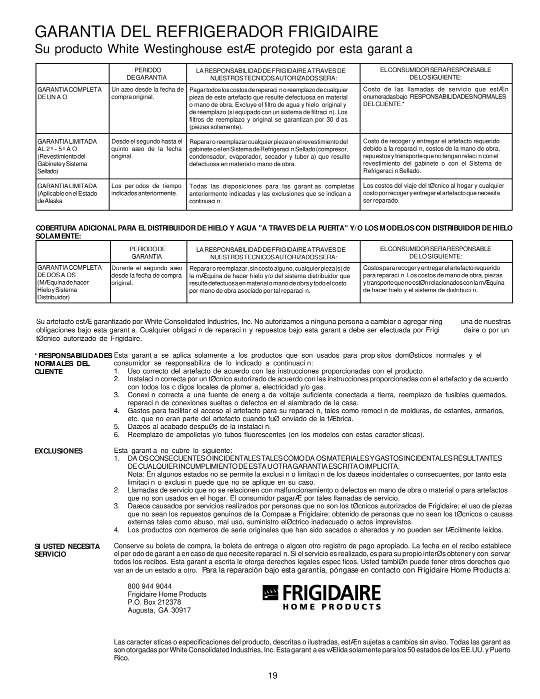 White-Westinghouse 218954301 manual Cliente, Exclusiones Esta garantía no cubre lo siguiente, 8009449044 