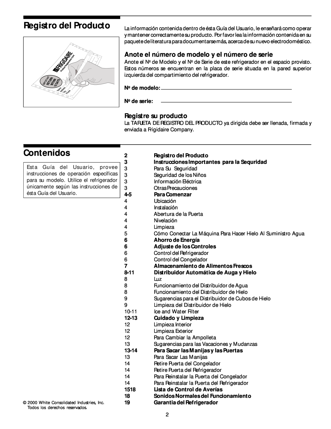 White-Westinghouse 218954301 manual Registro del Producto, Contenidos, Anote el número de modelo y el número de serie, 8-11 