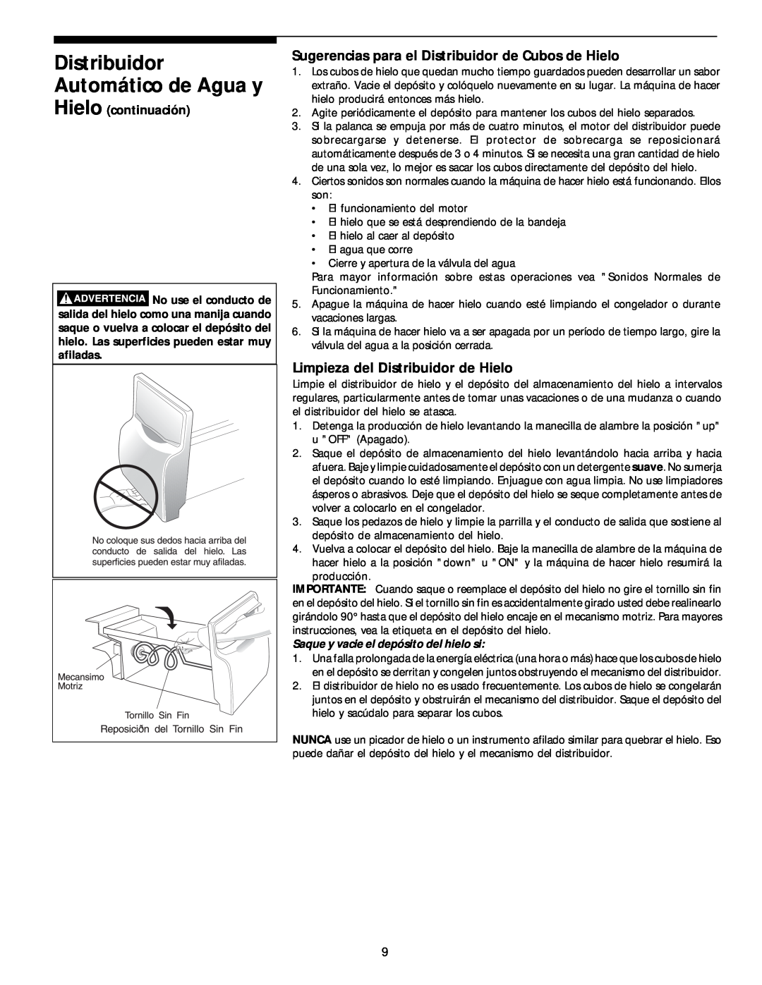 White-Westinghouse 218954301 manual Distribuidor Automático de Agua y, Sugerencias para el Distribuidor de Cubos de Hielo 