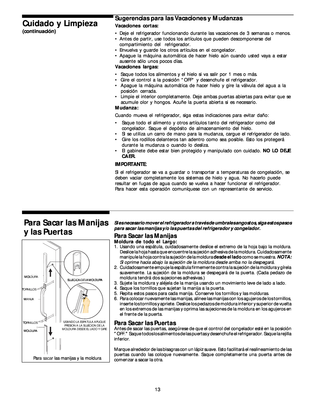 White-Westinghouse 218954301 manual Para Sacar las Manijas y las Puertas, Sugerencias para las Vacaciones y Mudanzas 