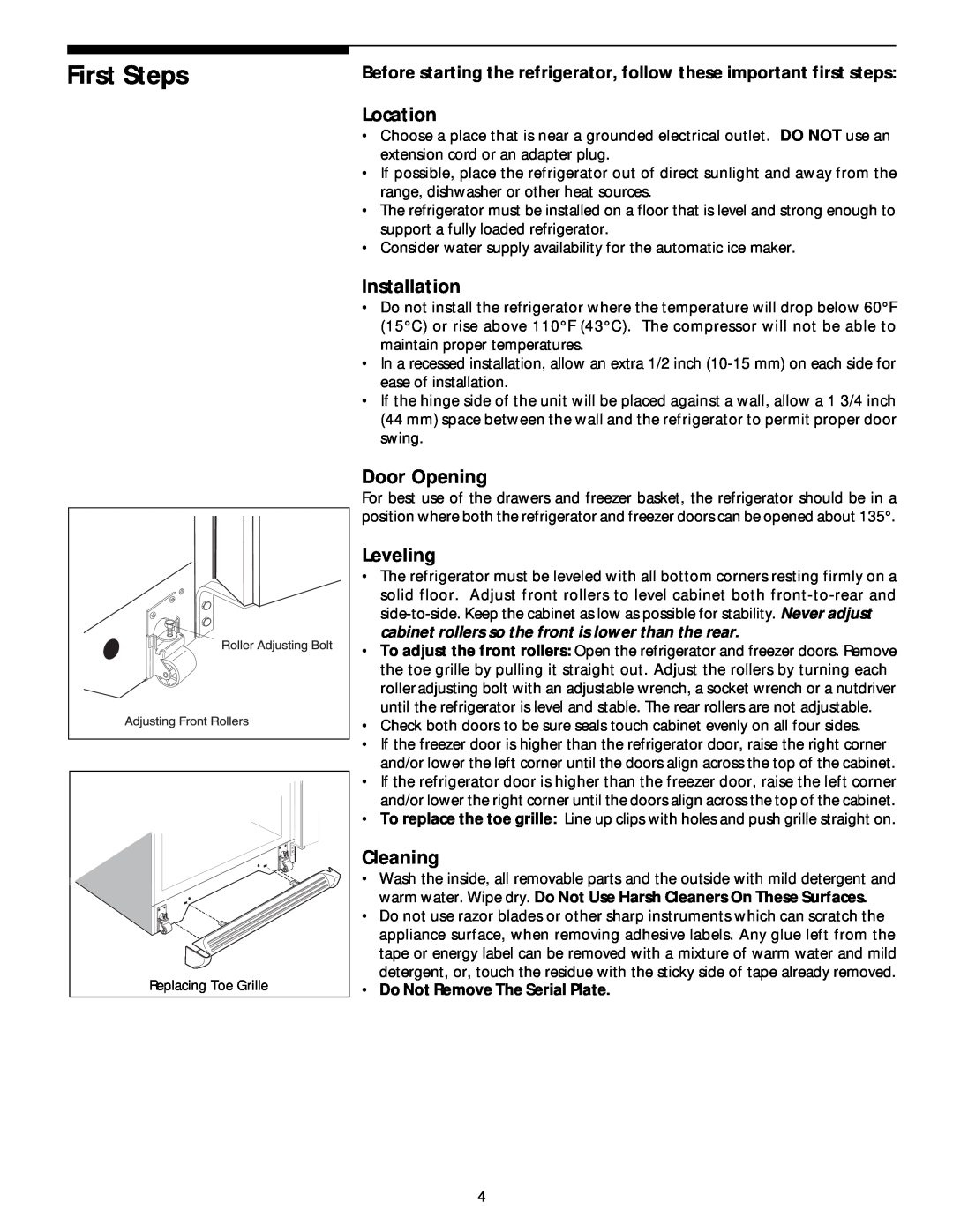 White-Westinghouse 218954301 manual First Steps, Location, Installation, Door Opening, Leveling, Cleaning 