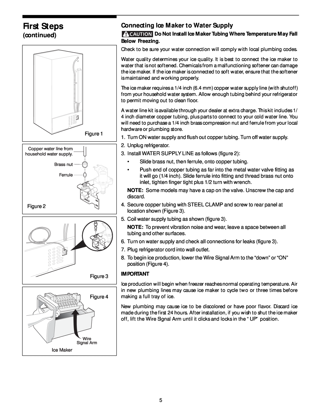 White-Westinghouse 218954301 manual continued, Connecting Ice Maker to Water Supply, First Steps 