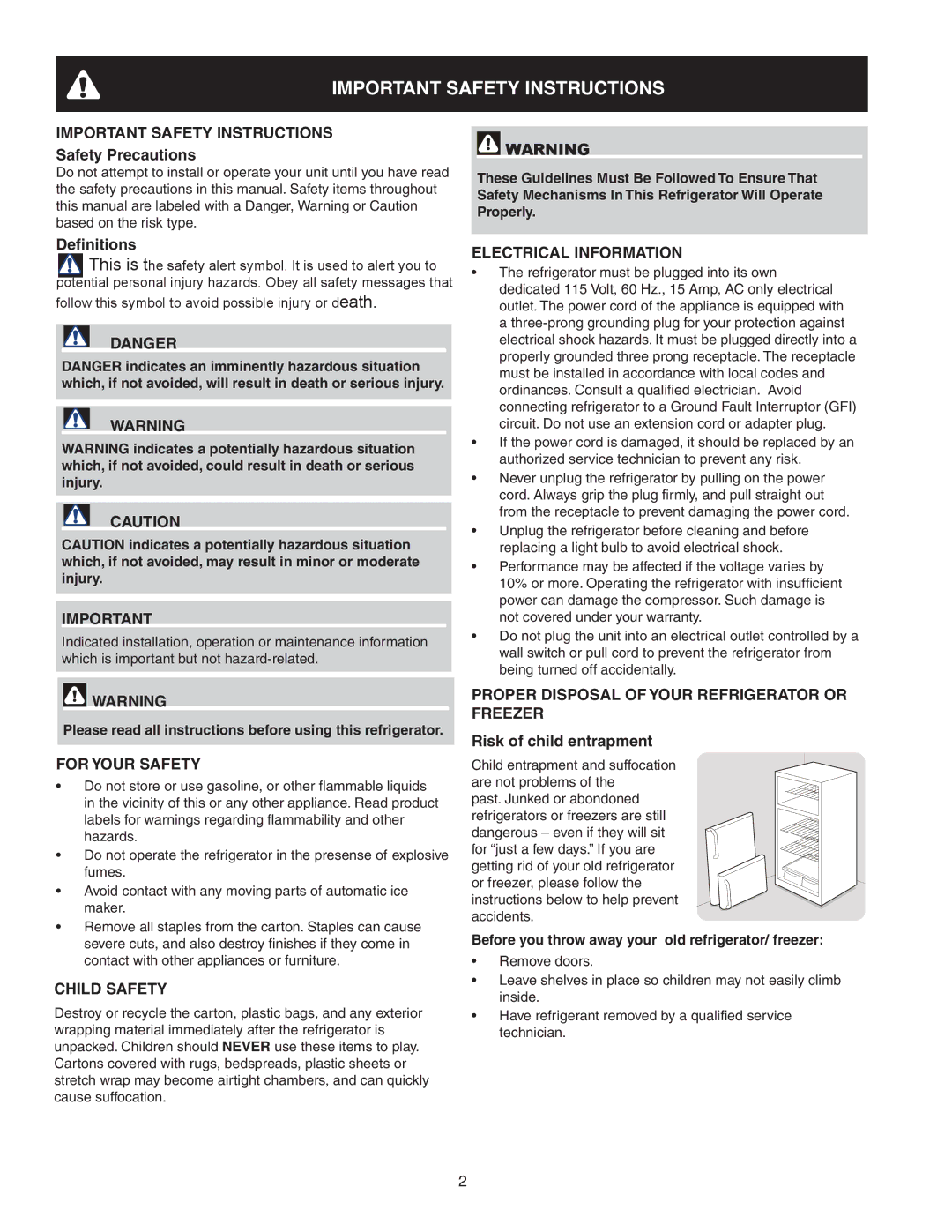 White-Westinghouse 241997501 important safety instructions Important Safety Instructions, For Your Safety 