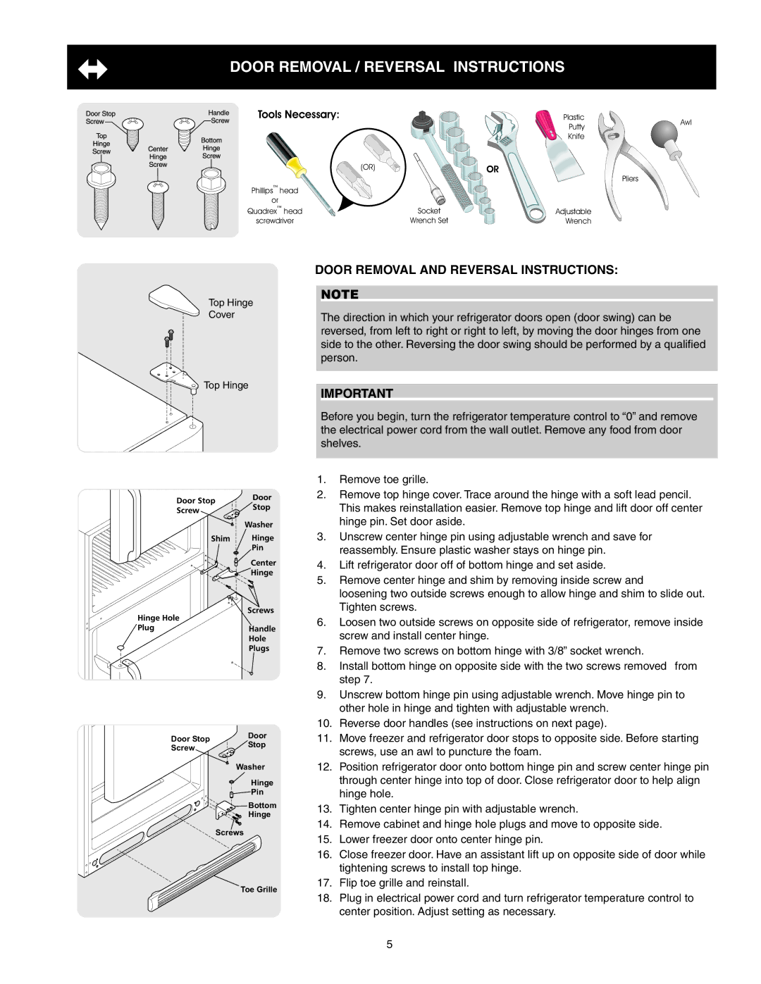 White-Westinghouse 241997501 Door Removal / reversal Instructions, Door removal and reversal instructions 