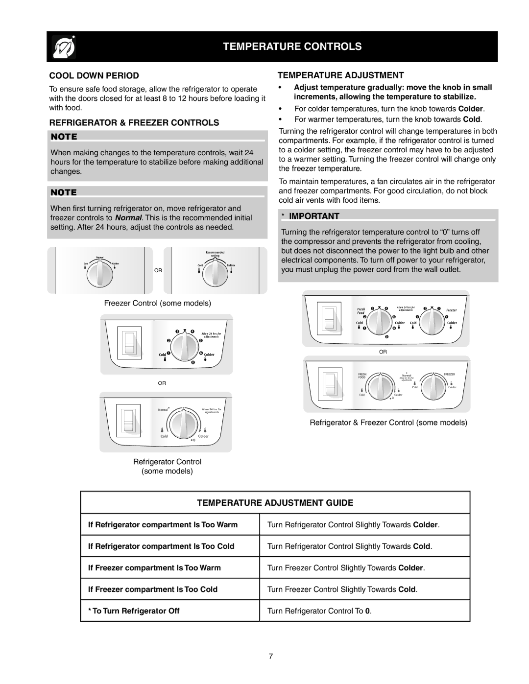 White-Westinghouse 241997501 Temperature controls, Cool Down Period, Refrigerator & freezer controls 