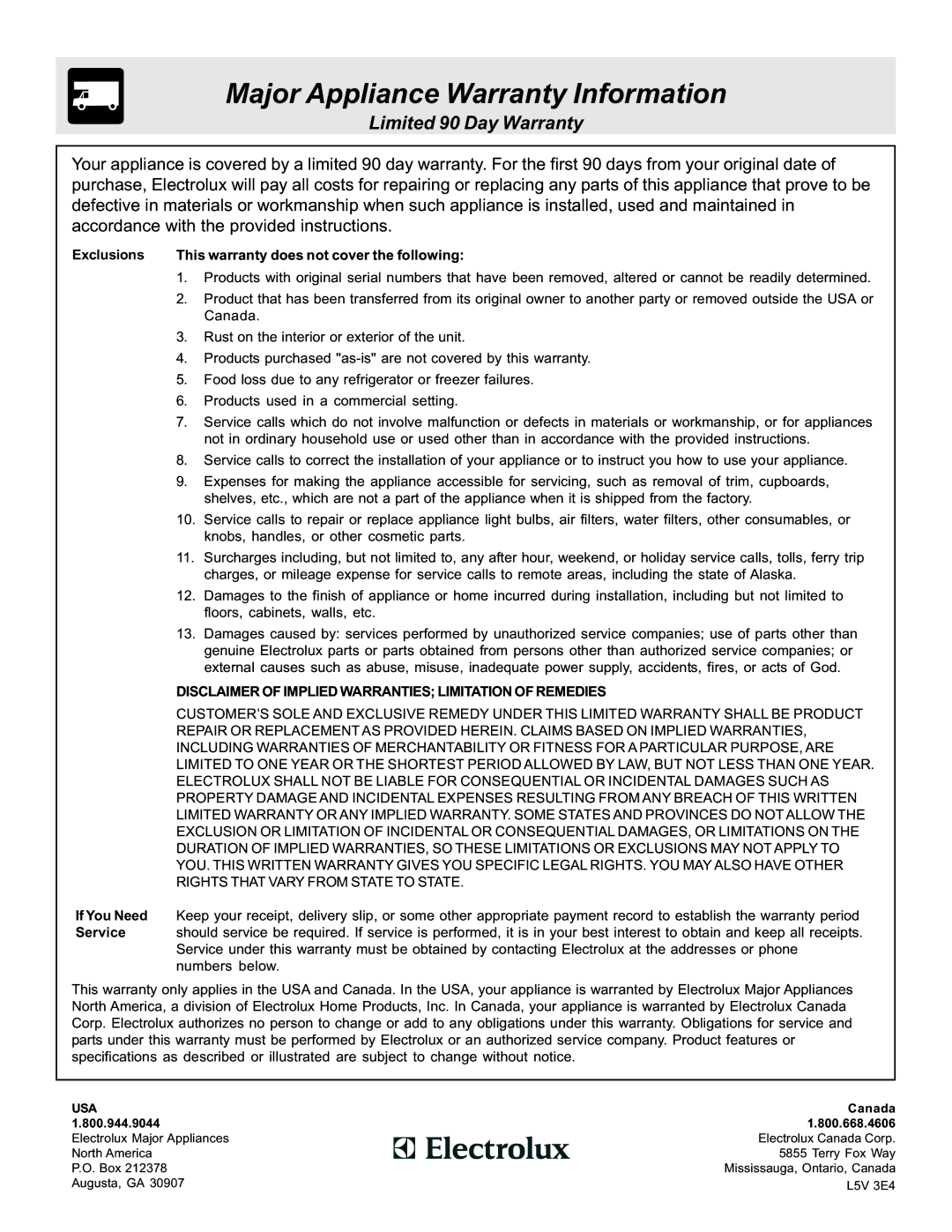 White-Westinghouse 316257134 (0809) important safety instructions Major Appliance Warranty Information 