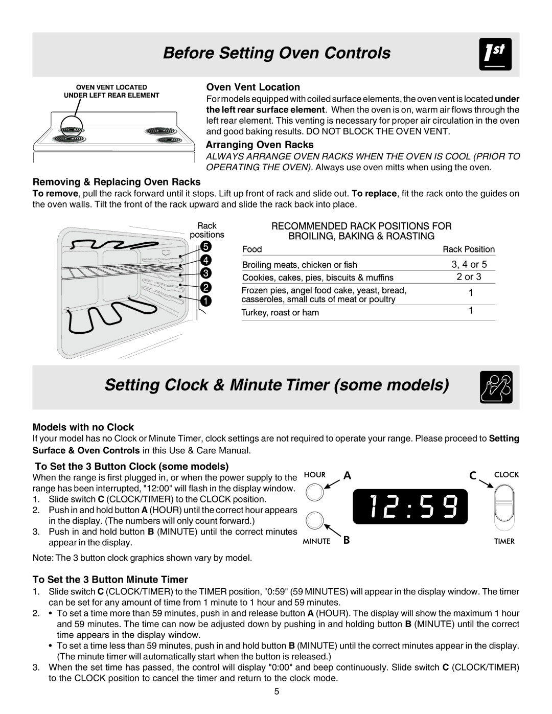 White-Westinghouse 316257134 (0809) Before Setting Oven Controls, Setting Clock & Minute Timer some models 