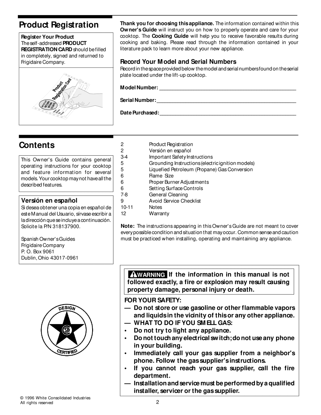 White-Westinghouse 318132200 manual Product Registration, Contents 