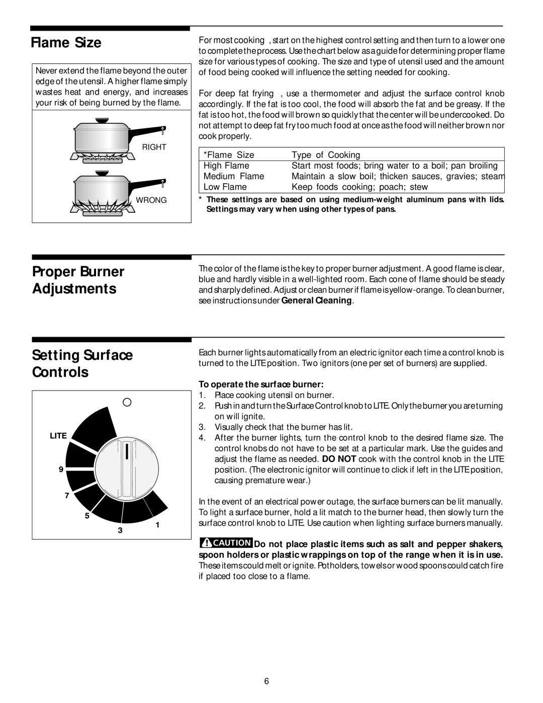 White-Westinghouse 318132200 Flame Size, Proper Burner Adjustments Setting Surface Controls, To operate the surface burner 