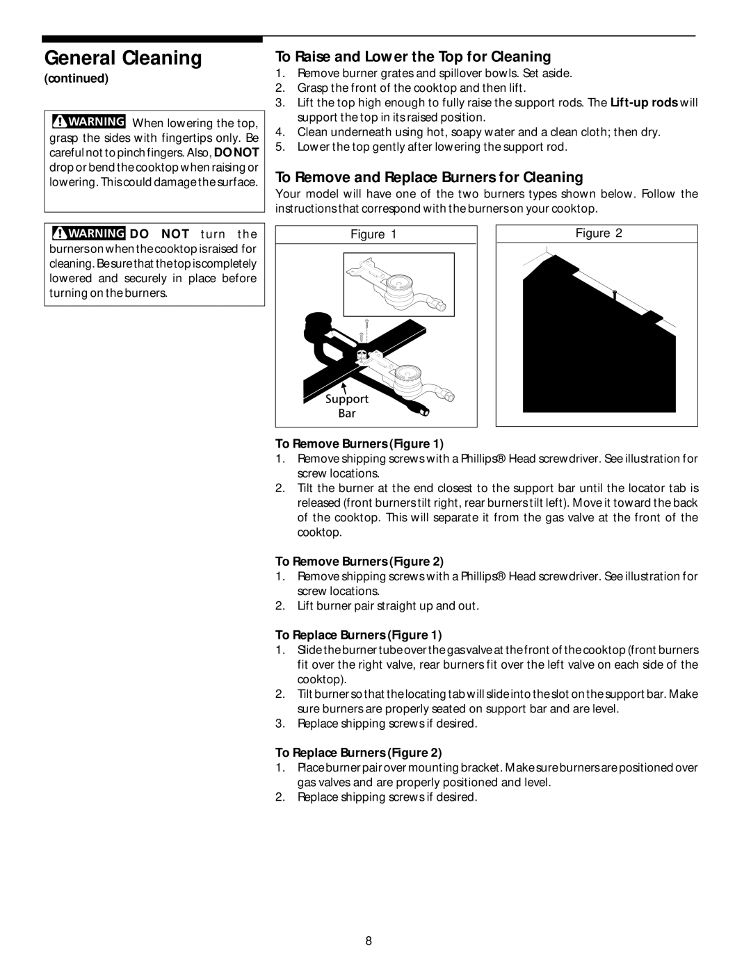 White-Westinghouse 318132200 manual To Raise and Lower the Top for Cleaning, To Replace Burners Figure 