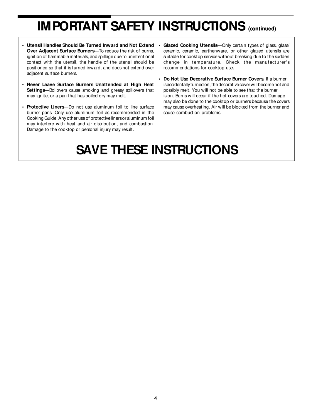 White-Westinghouse 318132200 manual IMPORTANT SAFETY INSTRUCTIONS continued, Save These Instructions 