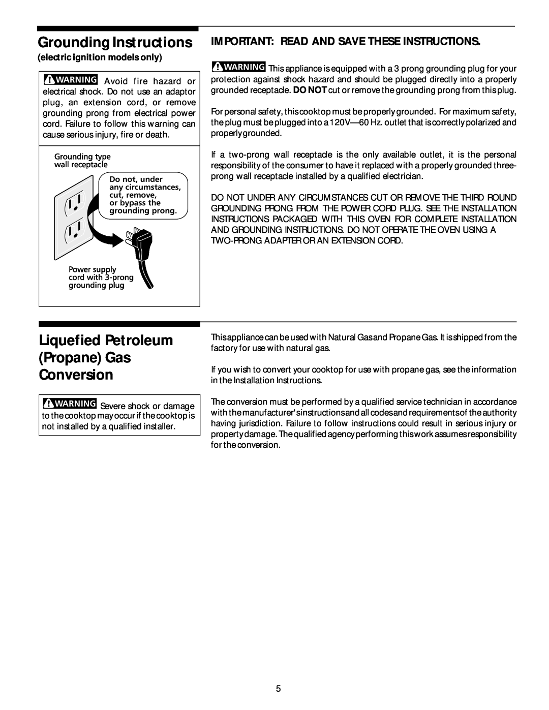 White-Westinghouse 318132200 manual Grounding Instructions, Liquefied Petroleum Propane Gas Conversion 