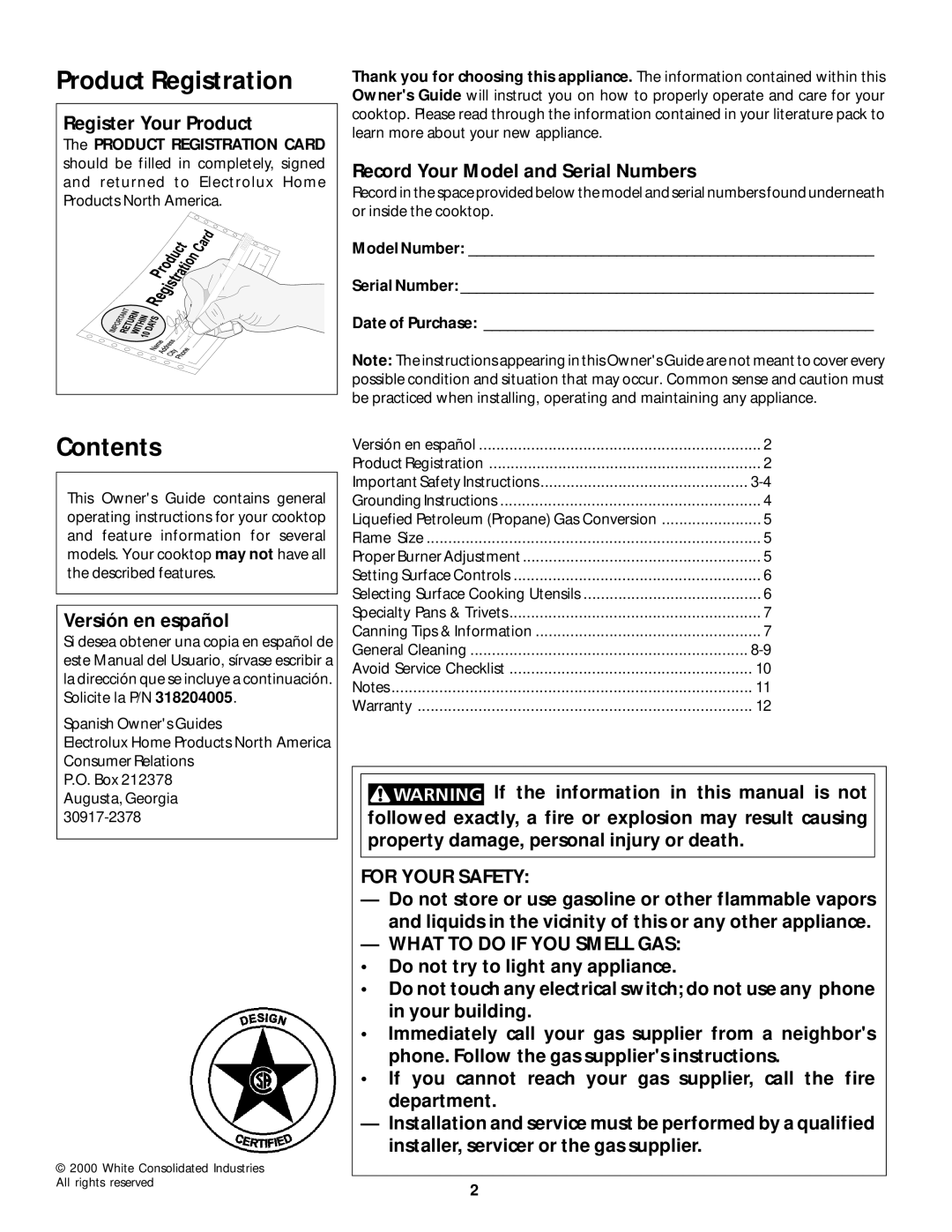 White-Westinghouse 318200659 manual Product Registration, Contents 