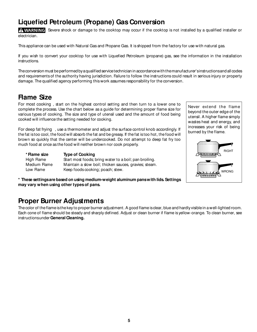 White-Westinghouse 318200659 manual Liquefied Petroleum Propane Gas Conversion, Flame Size, Proper Burner Adjustments 