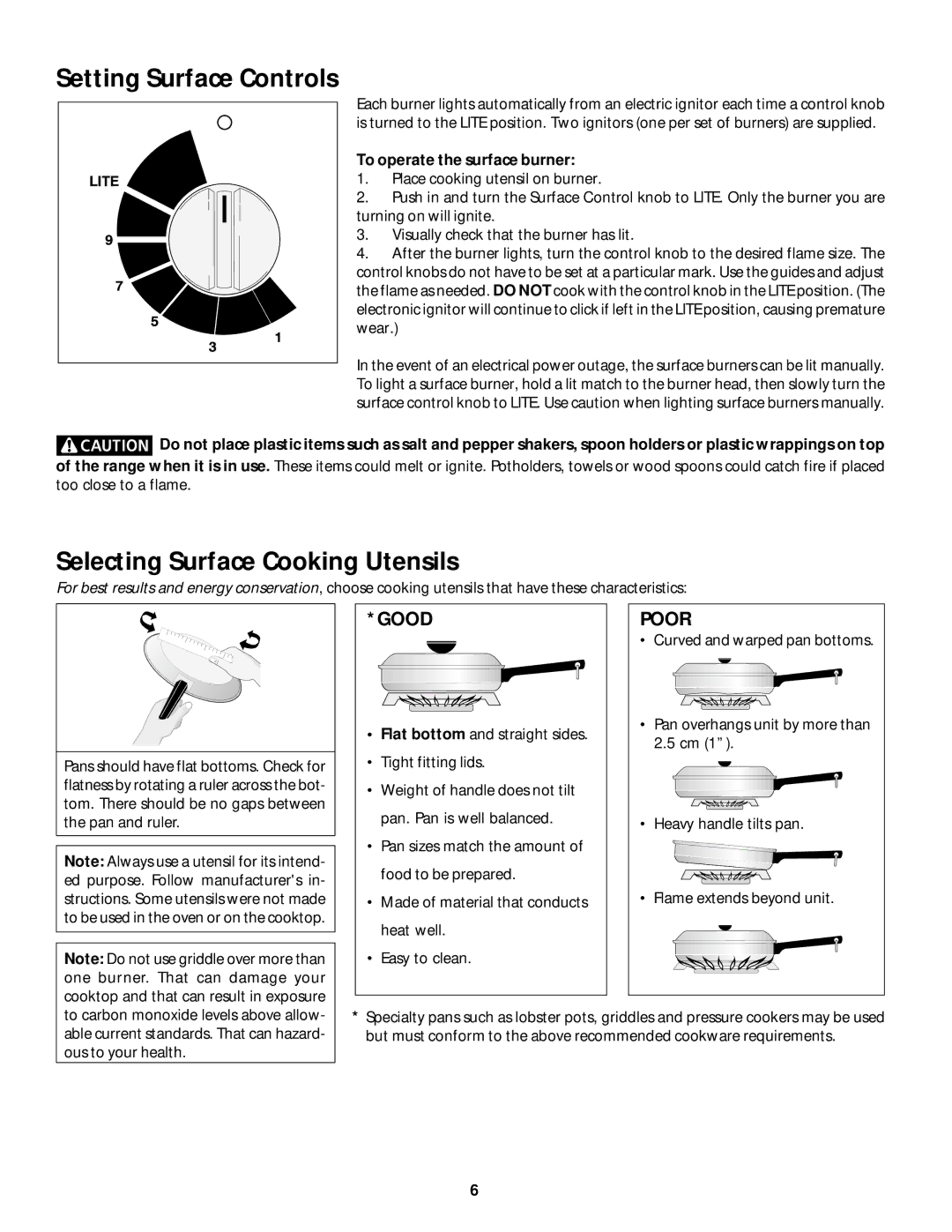 White-Westinghouse 318200659 manual Setting Surface Controls, Selecting Surface Cooking Utensils, Good, Poor 