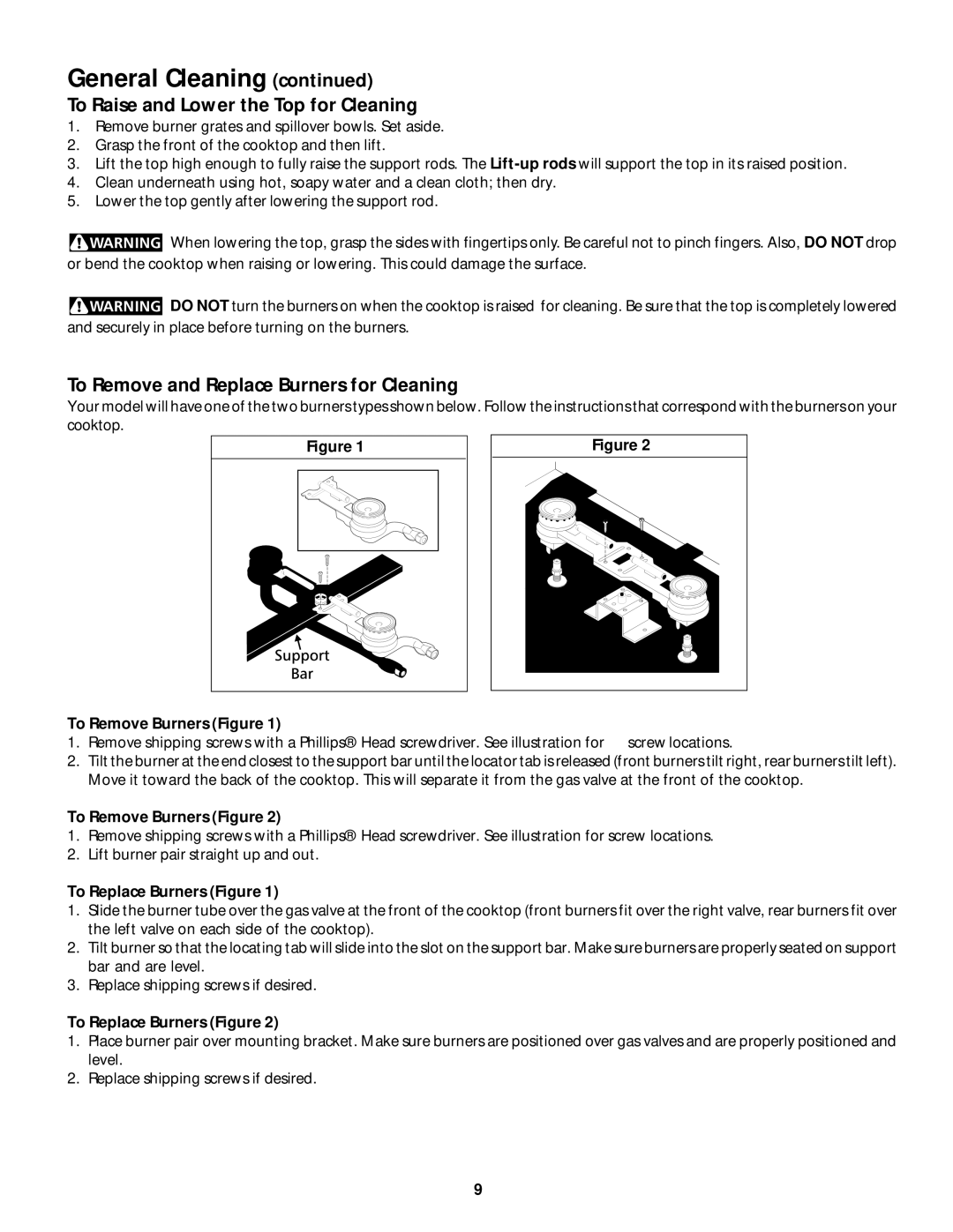 White-Westinghouse 318200659 manual To Raise and Lower the Top for Cleaning, To Remove and Replace Burners for Cleaning 