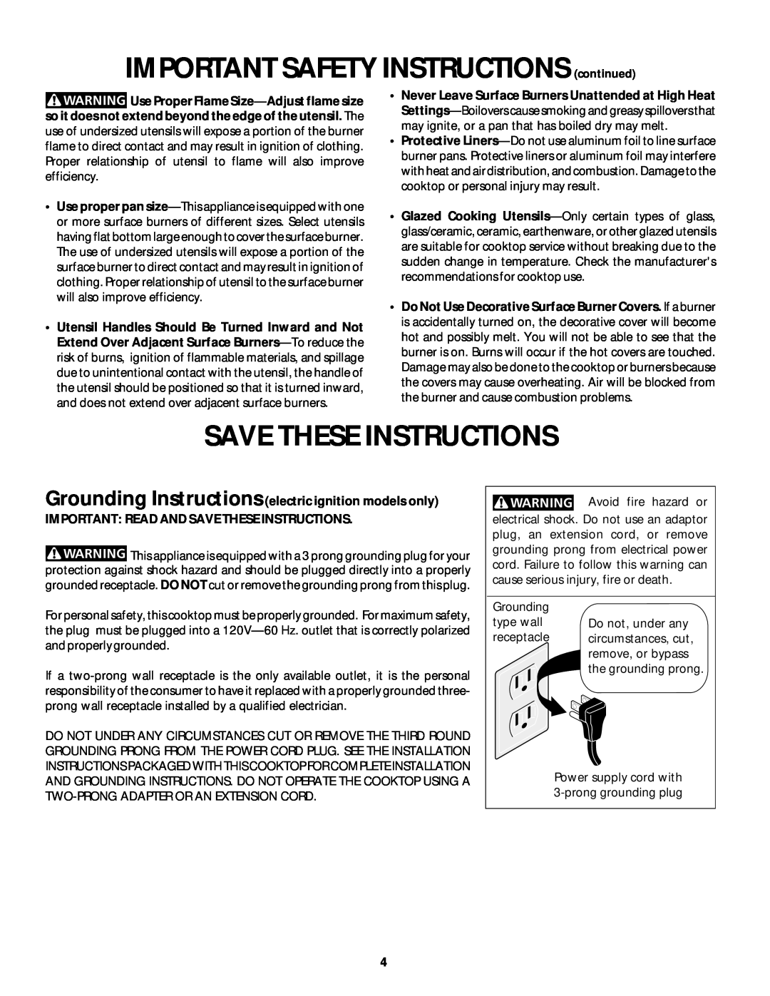 White-Westinghouse 318200659 manual IMPORTANT SAFETY INSTRUCTIONS continued, Save These Instructions 