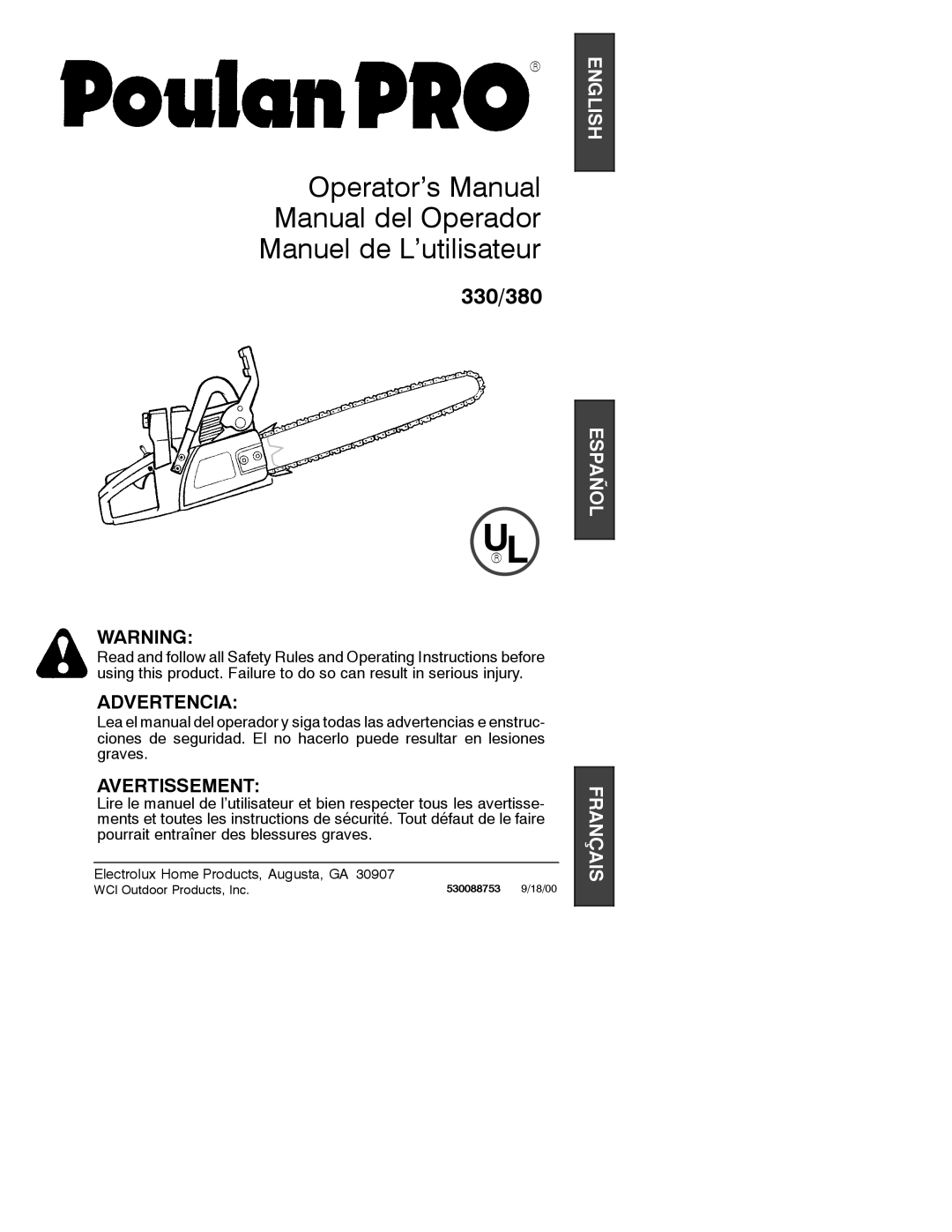 White-Westinghouse manual 330/380, WCI Outdoor Products, Inc 