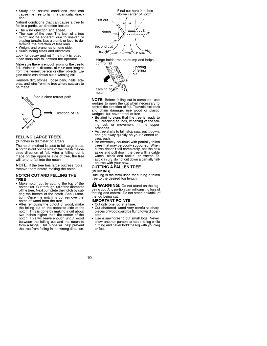 White-Westinghouse 330 manual Felling Large Trees, Notch CUT and Felling the Tree, Cutting a Fallen Tree 