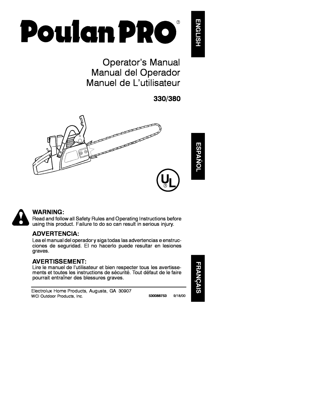 White-Westinghouse manual Operator’s Manual Manual del Operador, Manuel de L’utilisateur, 330/380, Advertencia 