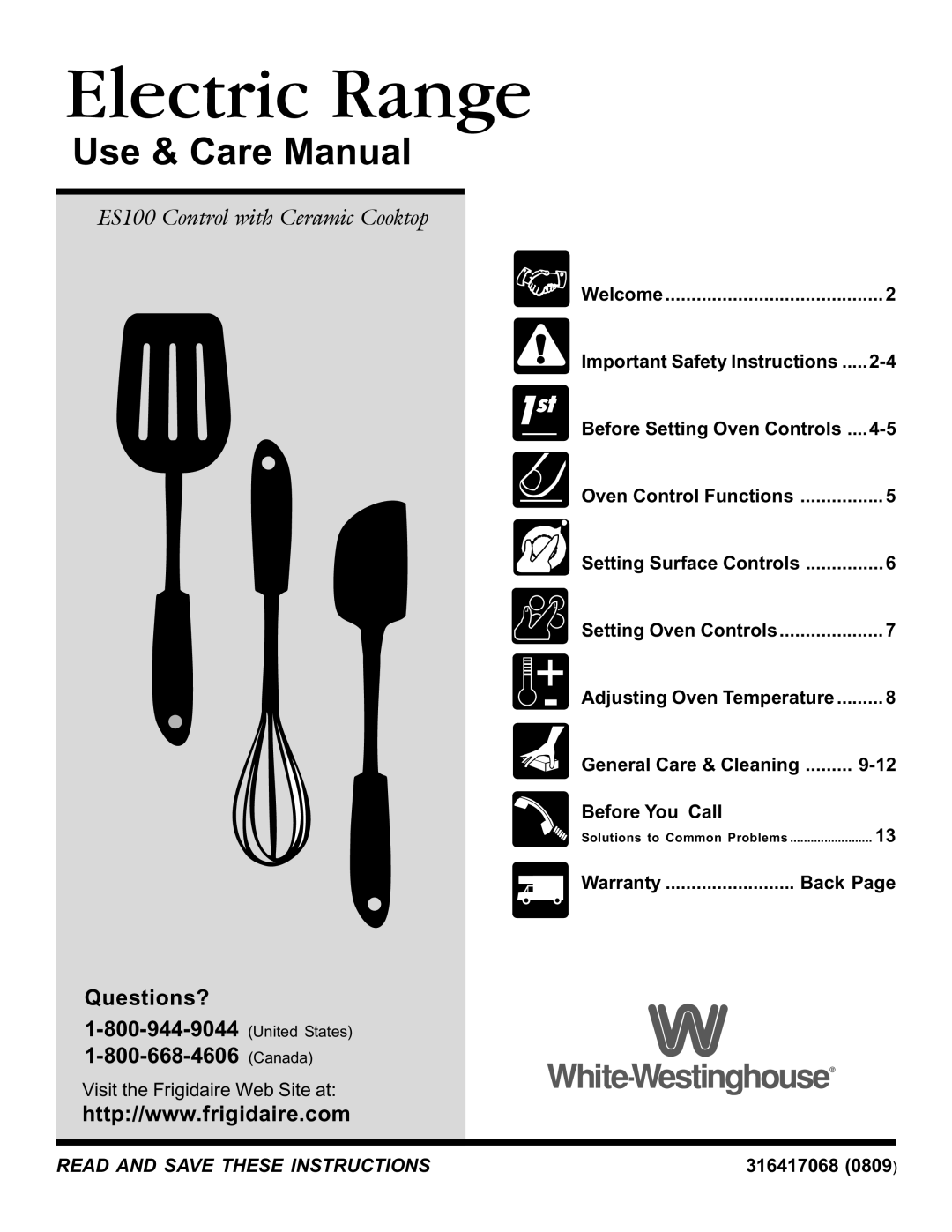 White-Westinghouse ES100 important safety instructions General Care & Cleaning Before You Call, Warranty Back 