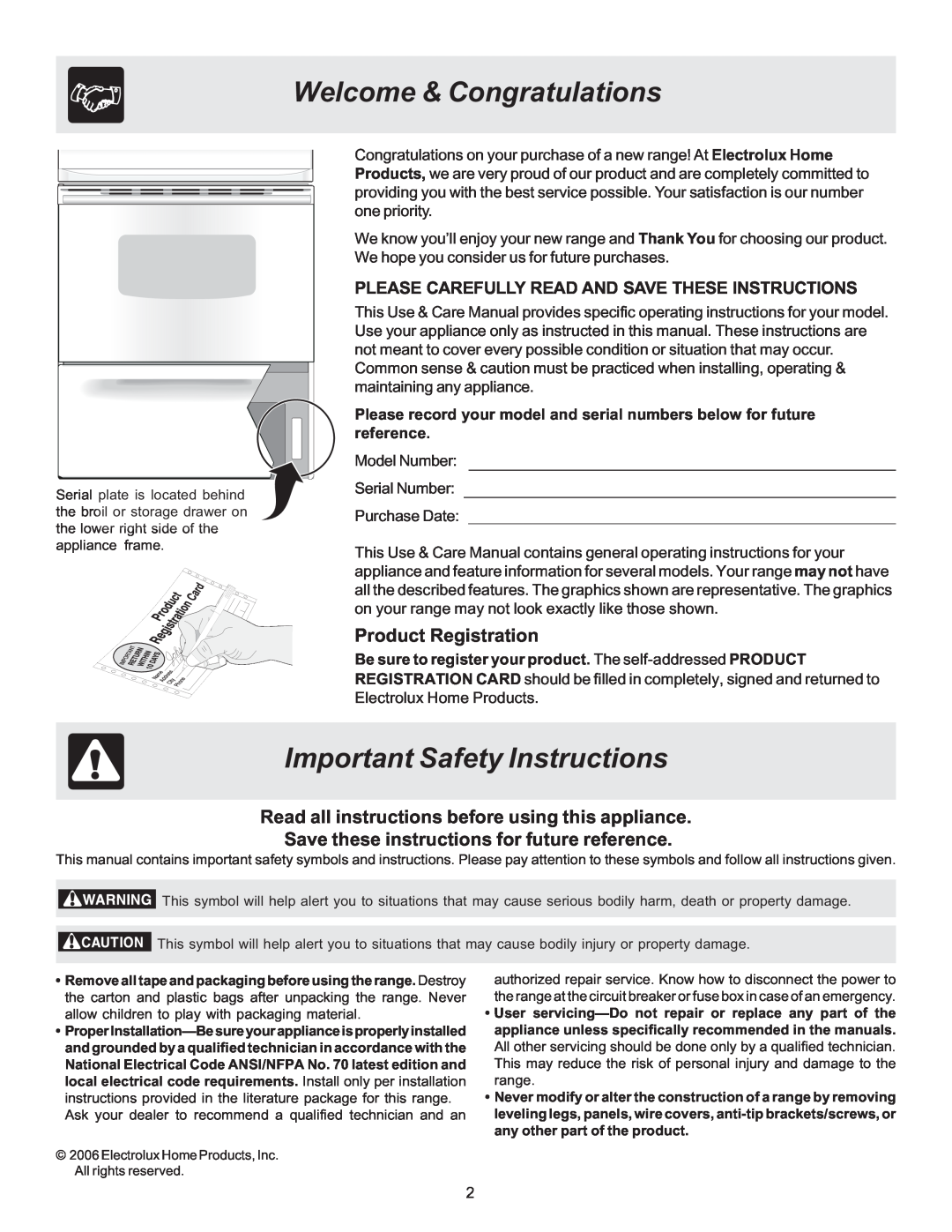 White-Westinghouse ES100 Welcome & Congratulations, Important Safety Instructions, Product Registration 
