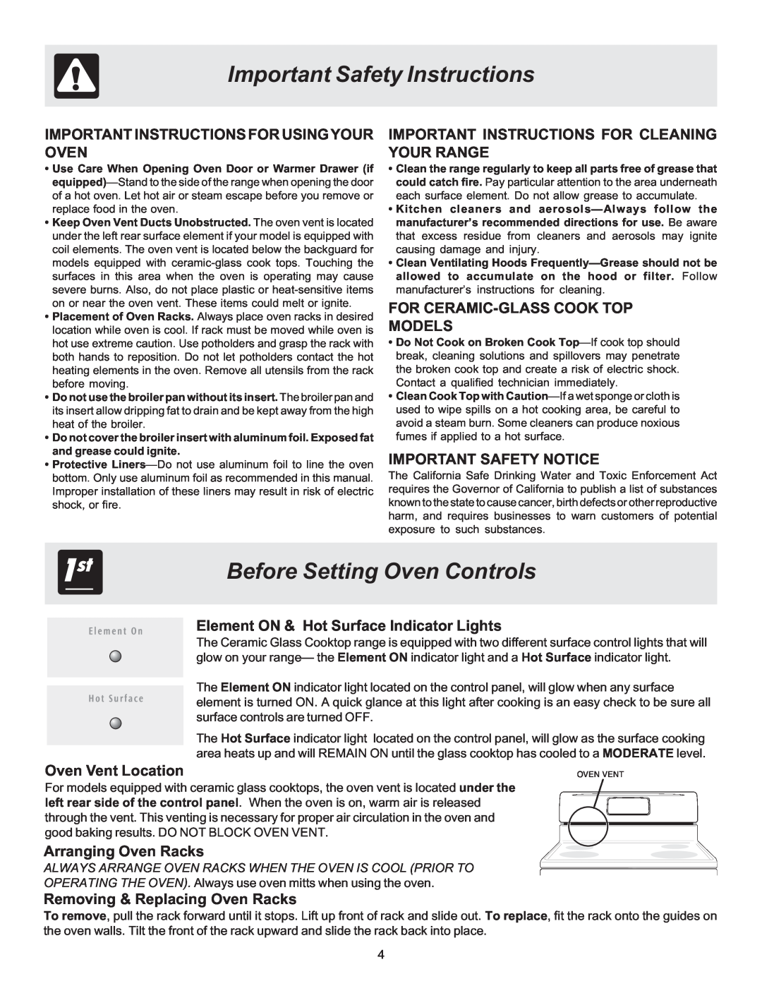 White-Westinghouse ES100 Before Setting Oven Controls, Important Instructions For Usingyour Oven, Important Safety Notice 