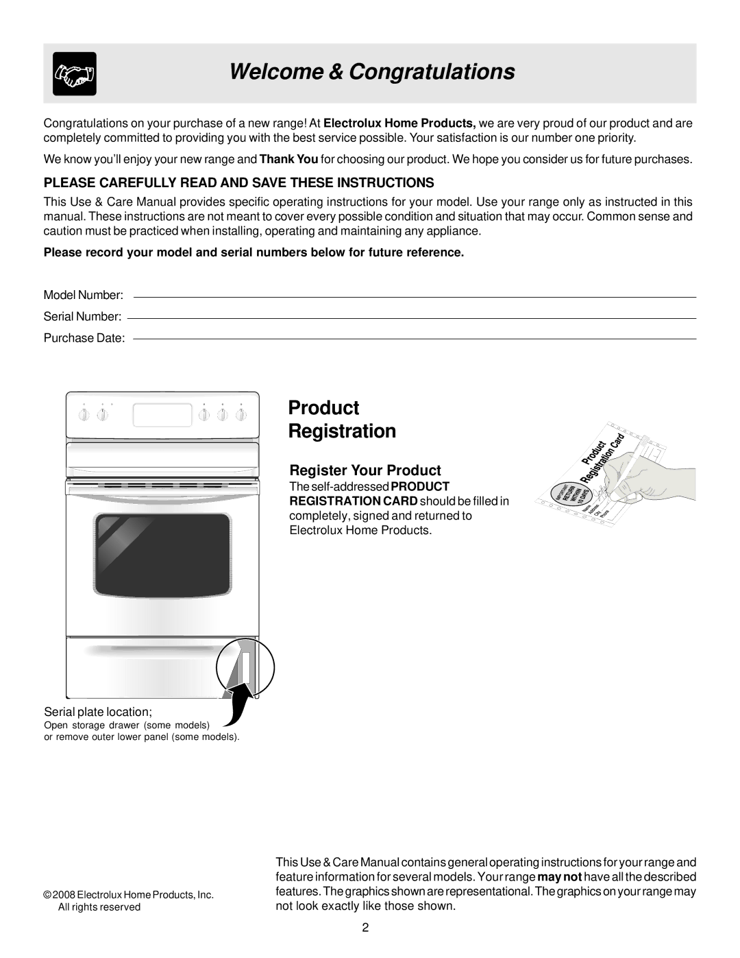 White-Westinghouse ES200 important safety instructions Welcome & Congratulations, Register Your Product 