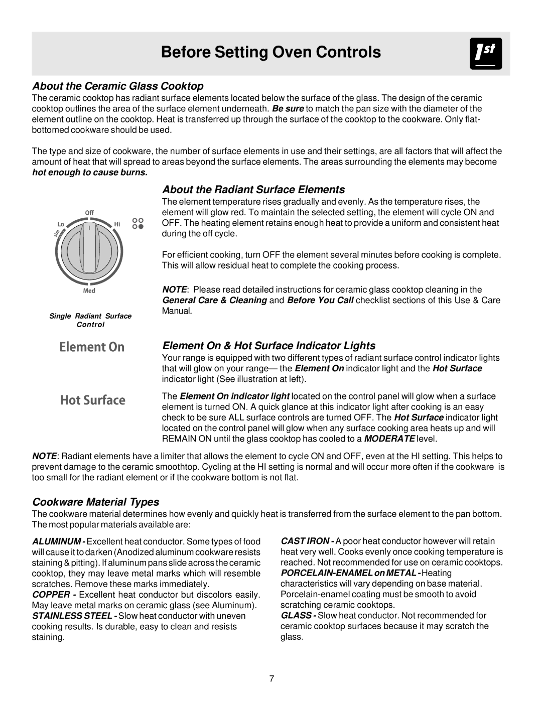 White-Westinghouse ES200 About the Ceramic Glass Cooktop, About the Radiant Surface Elements, Cookware Material Types 