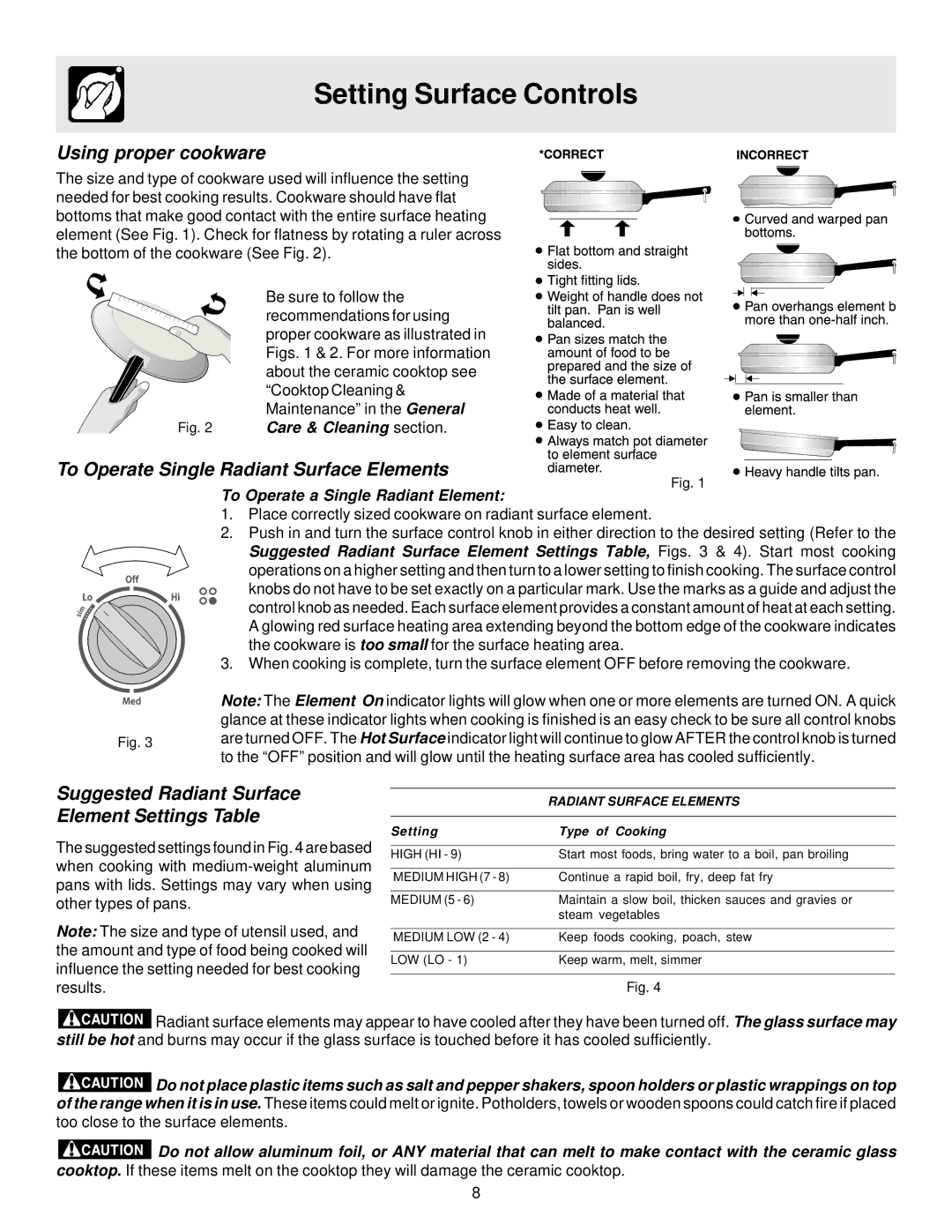 White-Westinghouse ES200 Setting Surface Controls, Using proper cookware, To Operate Single Radiant Surface Elements 