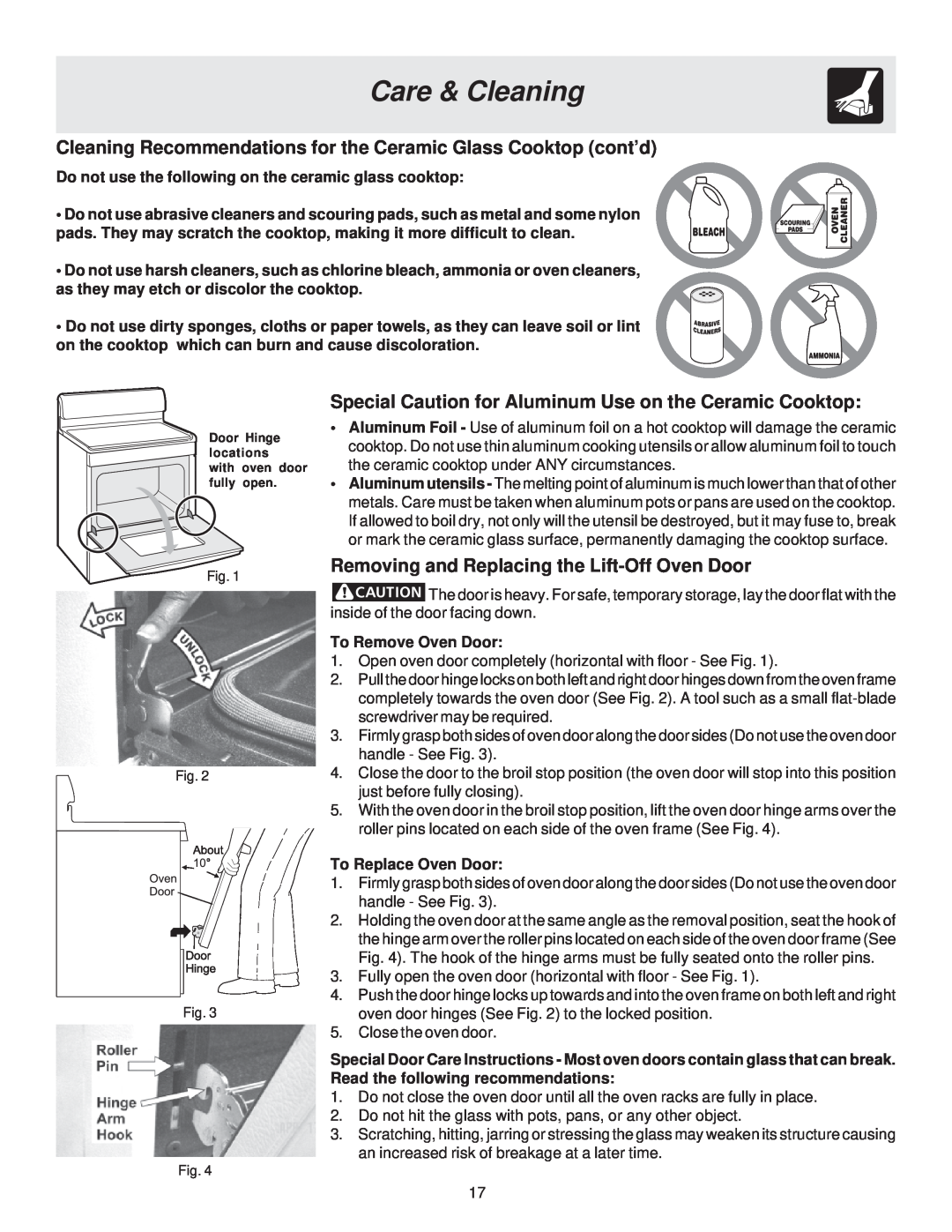 White-Westinghouse ES200 Cleaning Recommendations for the Ceramic Glass Cooktop cont’d, To Remove Oven Door 