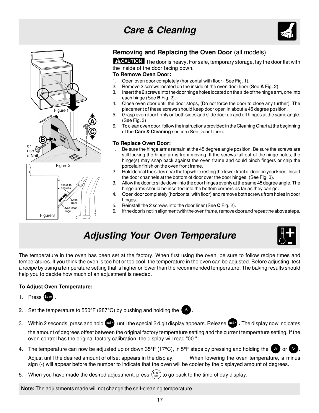 White-Westinghouse ES200/300 manual Adjusting Your Oven Temperature, Removing and Replacing the Oven Door all models 