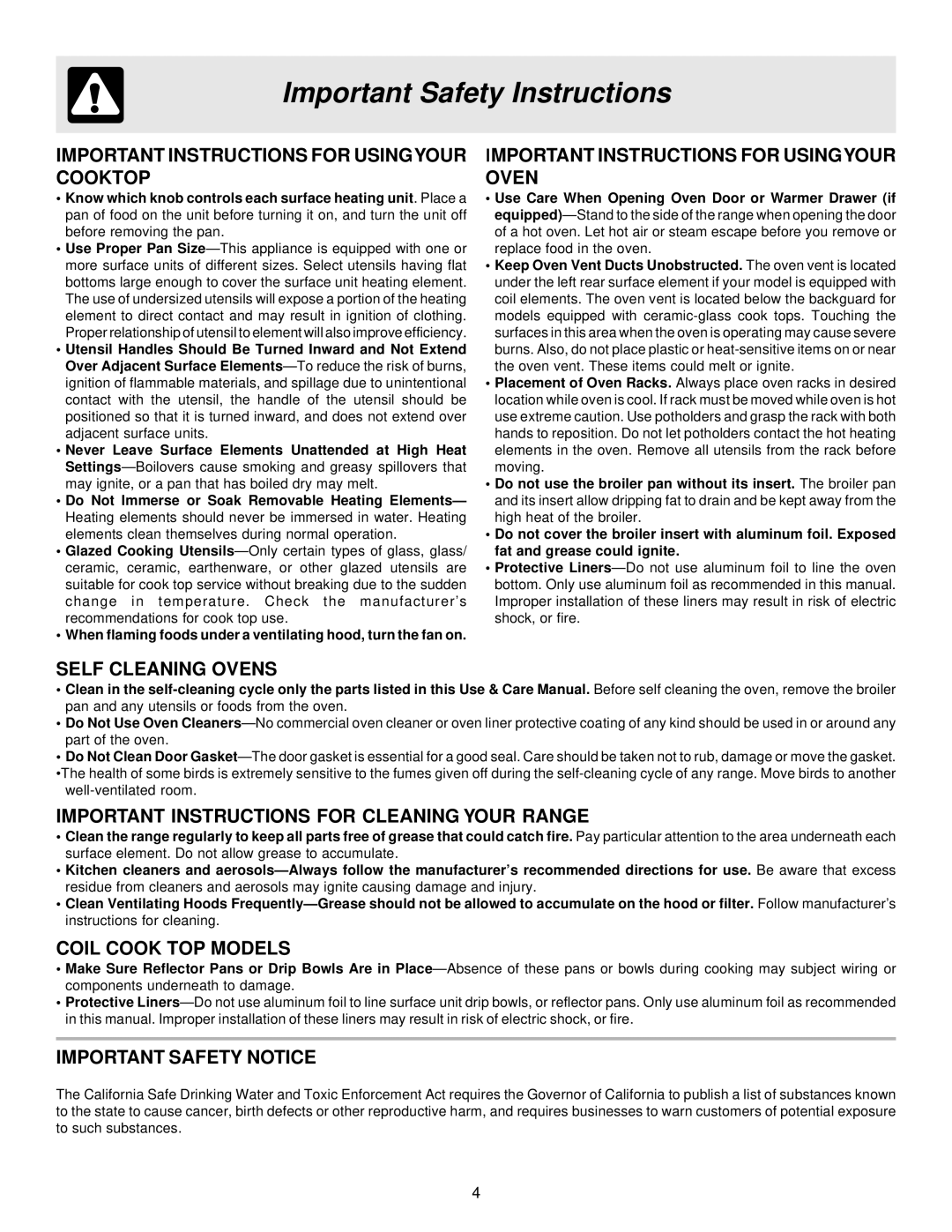 White-Westinghouse ES200/300 manual Important Instructions for Usingyour Cooktop 